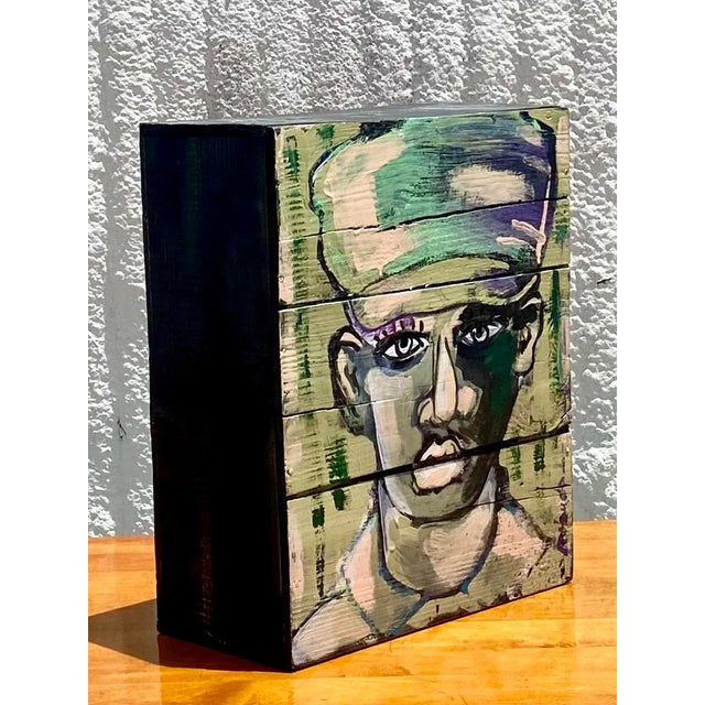 Contemporary Original Abstract Oil Portrait on Crate Signed Roland For Sale - Image 4 of 6