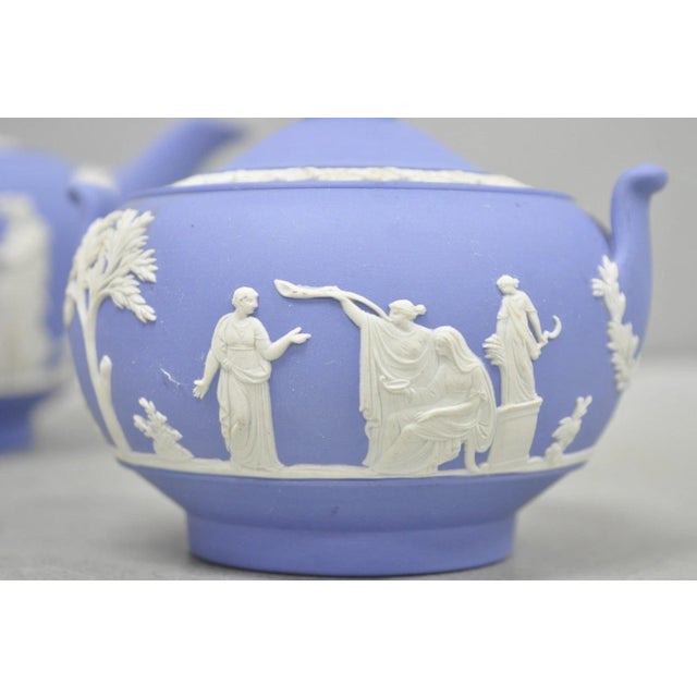 Antique Wedgwood Blue Jasperware Tea Set W/ Tea Pot Creamer Sugar Bowl 3 Pc Set For Sale - Image 12 of 15