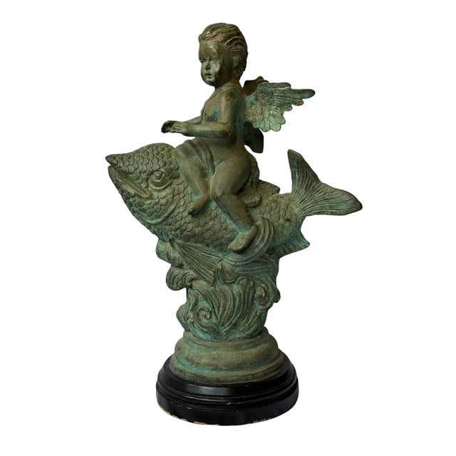 20th Century Continental Verdigris Bronze Putto Riding Fish Sculpture For Sale In Houston - Image 6 of 11
