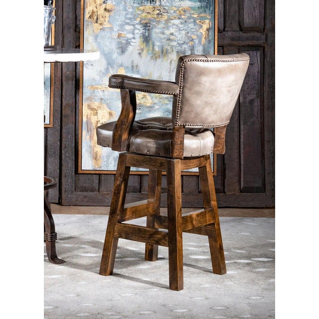 Not Yet Made - Made To Order Chisum Slate Barstool | Leather | Tufted | Swivel | Modern Rustic | Arms | Grey | Taupe For Sale - Image 5 of 9