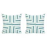 Palm Orleans Lake Worth Lagoon Teal Mitered Stripe Euro Pillow Shams - a Pair For Sale