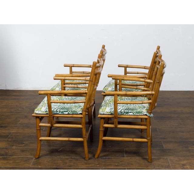 Set of Four Midcentury English Faux Bamboo Armchairs with Thin Cushions For Sale - Image 10 of 12