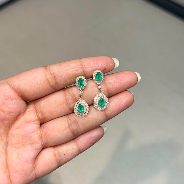 Metal 1.68ct Pear-Cut Emerald & Diamond Double Halo Drop Earrings in 14k Yellow Gold- 2 Pieces For Sale - Image 7 of 14