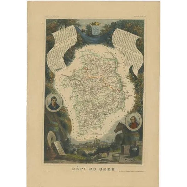 Antique map titled 'Dépt. du Cher'. Map of the French department of Cher, France. This area of France is known for its...