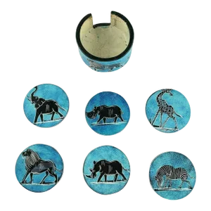 Safari African Animals Blue Stone Coasters Set- 7 Pieces