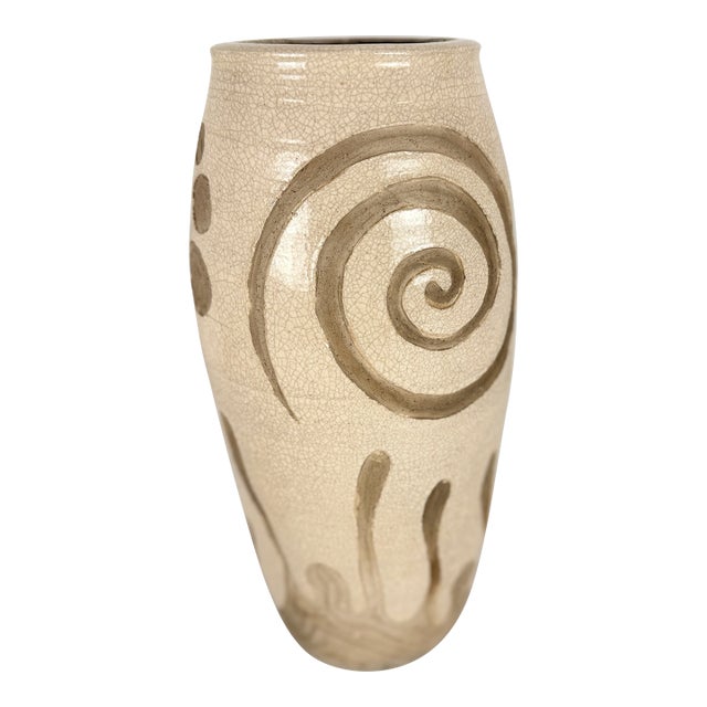 Midcentury Handmade Stoneware Crackle Glaze Vase For Sale