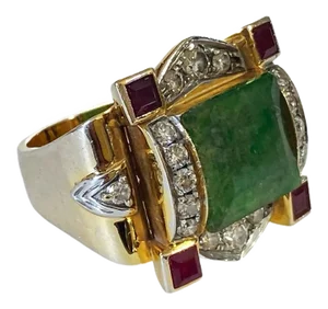 Art Deco 22k Gold Ring W/Jadeite Jade /Ruby/Diamond Size 7