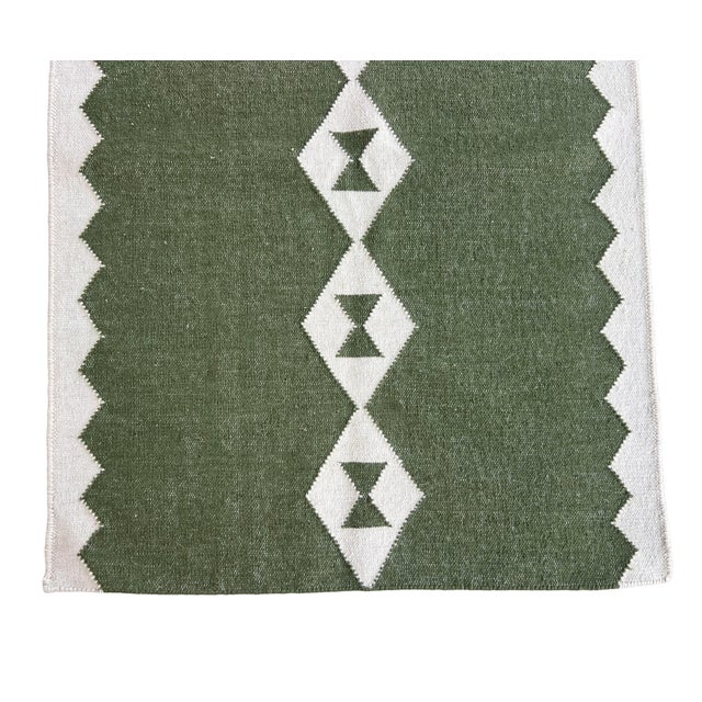Handmade New Zealand Wool Dhurrie Runner, Olive Green and Cream Geometric Runner Rug- 3'x8' For Sale - Image 10 of 10