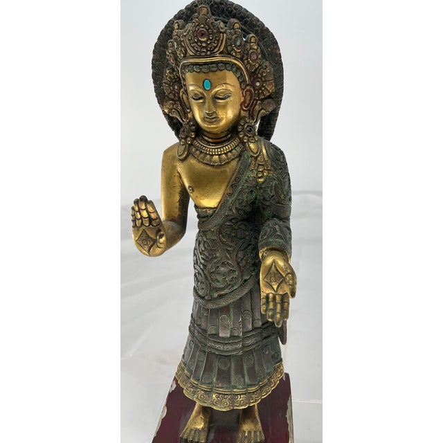 Tribal Antique Tibétan School Jeweled Bronze Figure of a Dipankara Buddha For Sale - Image 3 of 12