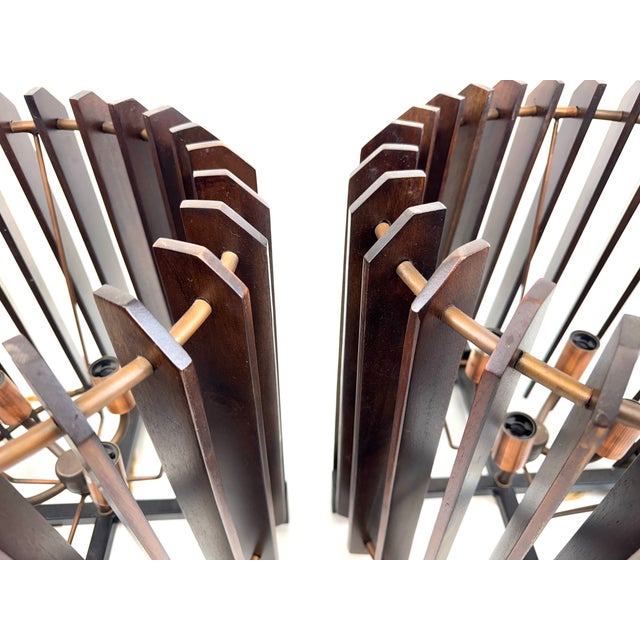 Mid-Century Modern 1960s Mid-Century Modern Walnut & Brass Slat Table Lamps, Sculptural Barrel Form, a Pair For Sale - Image 3 of 12