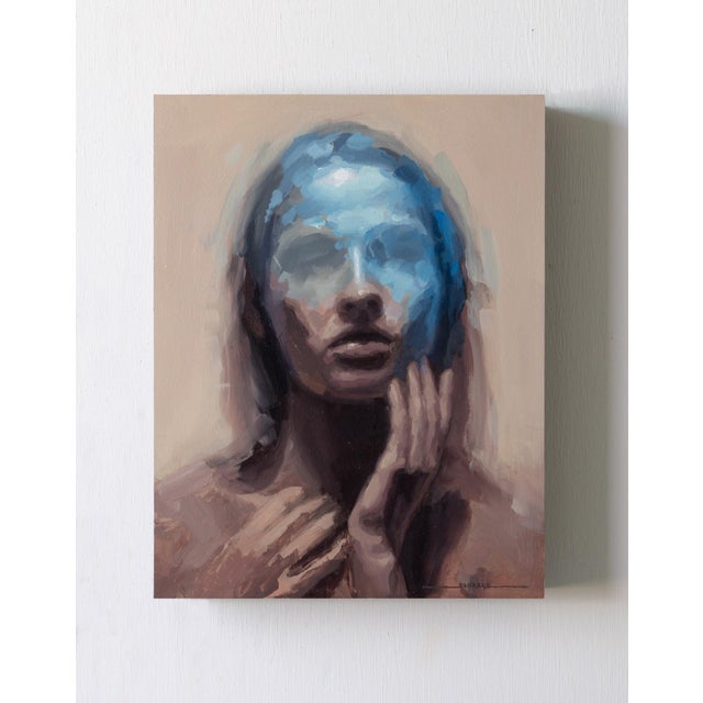 Renewal by Josh Sorrell | Oil on Panel Portrait of a figure with a blue face and hands. For Sale - Image 4 of 5