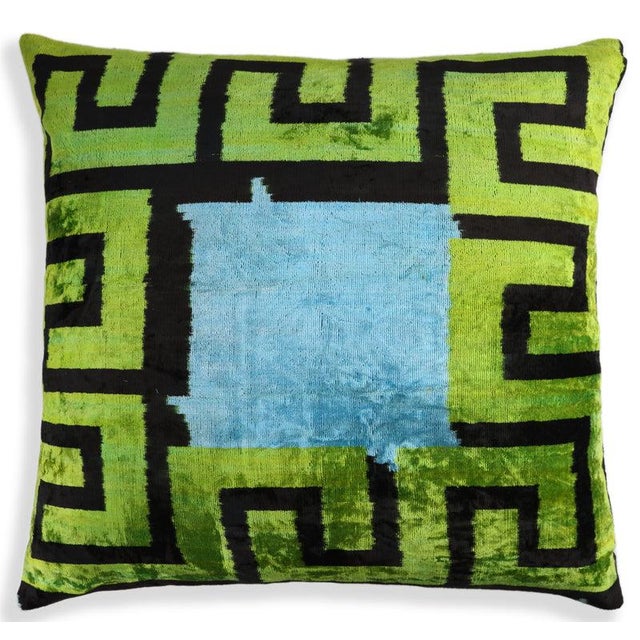 "Add architectural elegance to your interior with this handmade artisan silk velvet pillow, featuring a bold Greek key-...