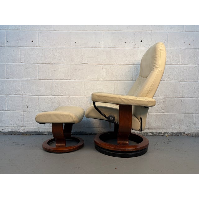 Mid 20th Century Mid 20th Century "Stressless" Leather Recliner and Matching Ottoman by j.e Ekornes For Sale - Image 5 of 12