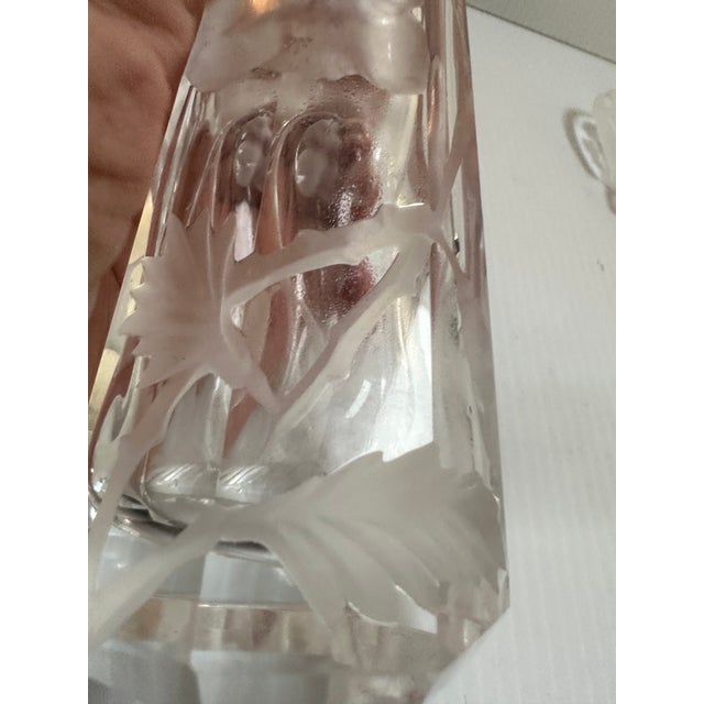 Vintage Hand Cut Thick Crystal Etched Satin Floral Scene Elegant Perfume Bottle For Sale - Image 10 of 13