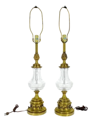 Pair of Cut Crystal & Brass Vase Shape Table Lamps c1970s