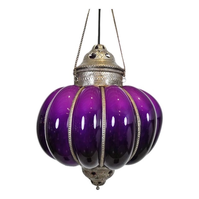 Vintage Indian Purple Glass Pumpkin Pendant Light For Sale
