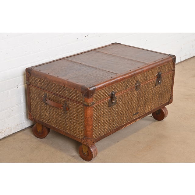 Baker Furniture Company Late 20th Century Baker Furniture Campaign Rattan and Leather Trunk Coffee Table For Sale - Image 4 of 12