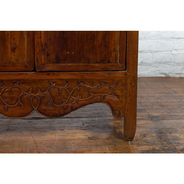 Chinese 19th Century Chinese Qing Dynasty Brown Finish Cabinet with Carved Apron For Sale - Image 3 of 13