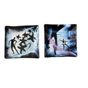 Vintage Pair of Enameled Copper Decorative Plates With Dancers and Stars