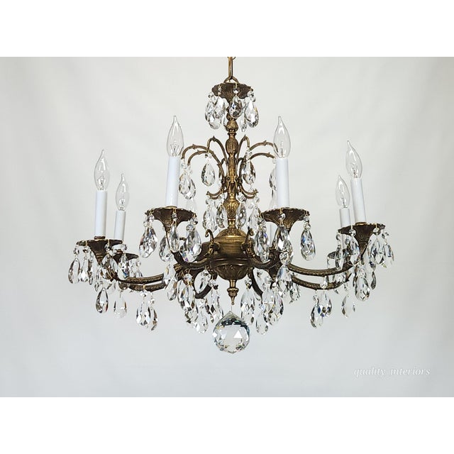 Antique 8 Arm Sweet Sensational Brass Cut Lead Glass Crystal Chandelier For Sale In South Bend - Image 6 of 15