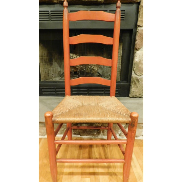 1920s Pair of Red Ladderback Chairs With Rush Seats For Sale - Image 9 of 18