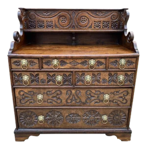 Antique English Georgian Carved Oak Chest of 7 Drawers with Brass Lion Pulls