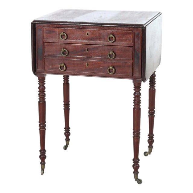 Antique Sheraton Mahogany 3-Drawer Drop Leaf Sewing Stand C1880 For Sale