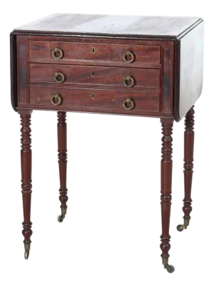 Antique Sheraton Mahogany 3-Drawer Drop Leaf Sewing Stand C1880