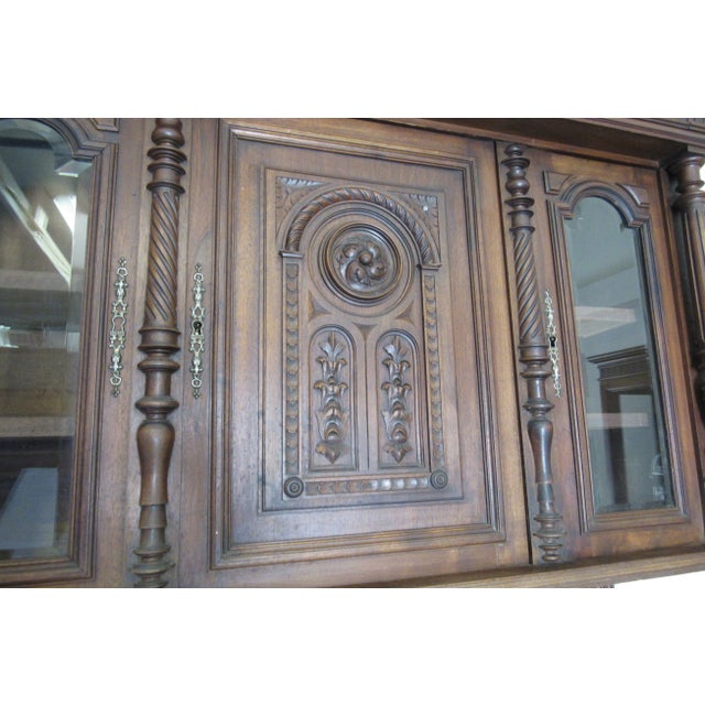 Early 20th Century Early 20th Century Carved Antique English Two Piece Walnut Court Cupboard China Cabinet For Sale - Image 5 of 13