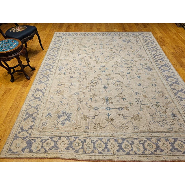 Vintage Turkish Oushak Room Size Rug, Hand-Knotted Wool, Ivory, Blue, 8' x 10' For Sale - Image 15 of 16