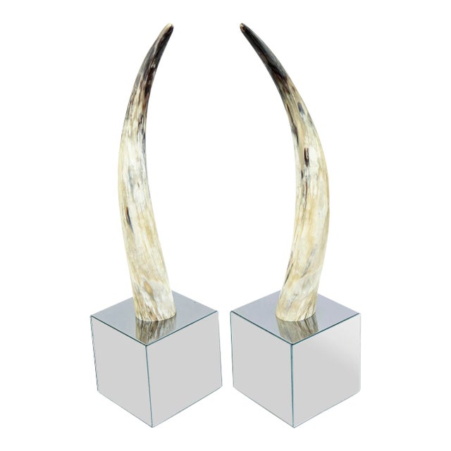 Vintage Curved Horn and MIrror Cube Tall Sculptures Pair Of For Sale