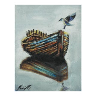 Contemporary Impressionist Fishing Boat and Bird Painting For Sale