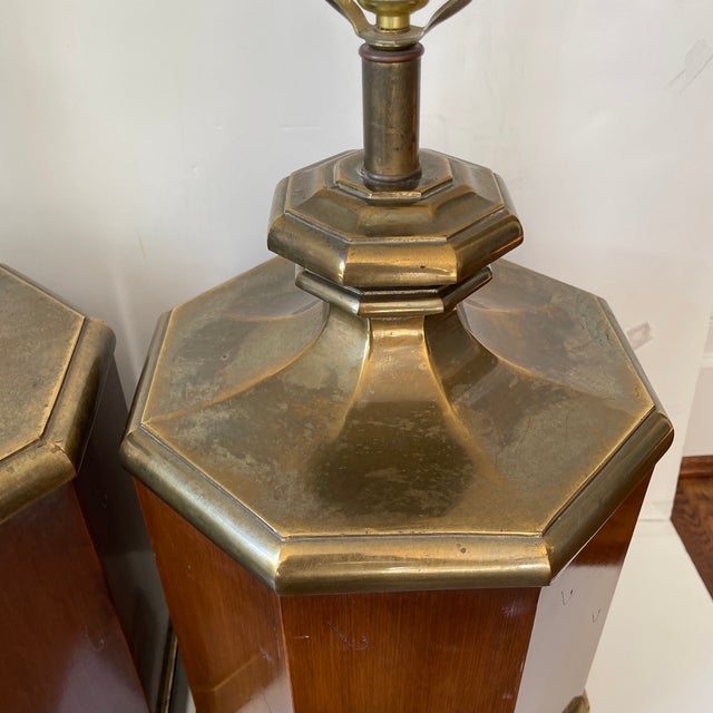 Brass 1960s Large Walnut and Brass Octagonal Shaped Lamps - a Pair For Sale - Image 8 of 13