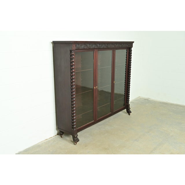 R. J. Horner & Co. R. J. Horner Style American Empire Carved Mahogany Triple Bookcase With Lion Paw Feet, Circa 1890s For Sale - Image 4 of 13