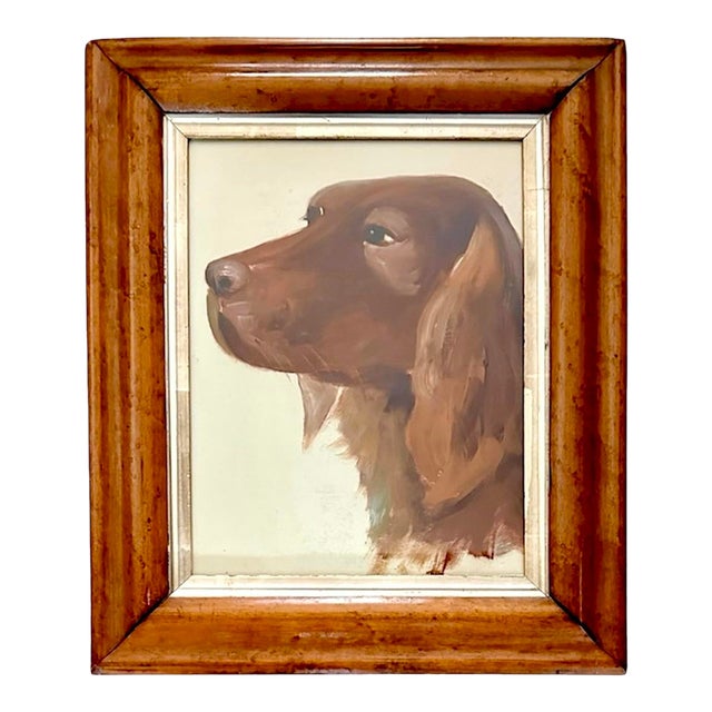 Vintage Framed Irish Setter Dog Portrait Painting in Antique Birdseye Maple Frame For Sale