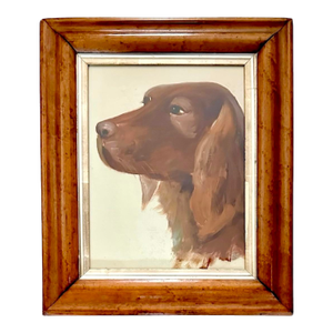 Vintage Framed Irish Setter Dog Portrait Painting in Antique Birdseye Maple Frame