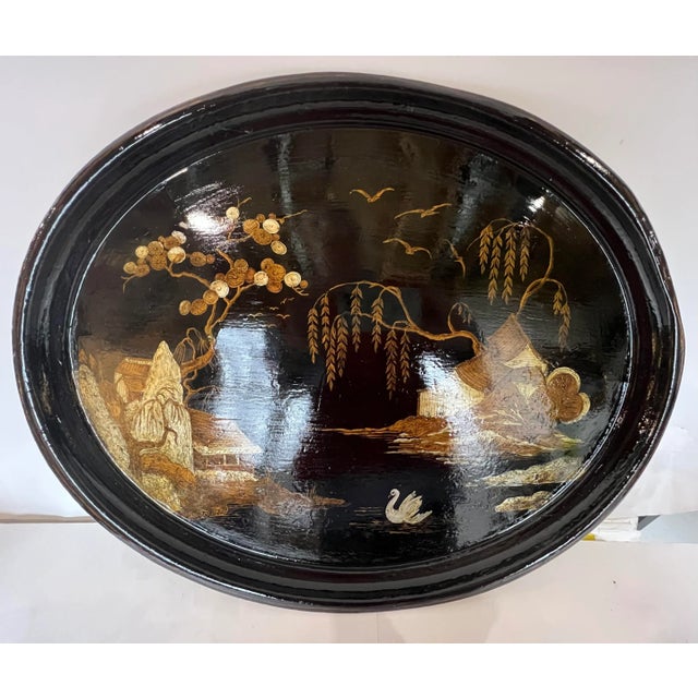 Antique Black Tole Chinoiserie Serving Tray For Sale - Image 12 of 12