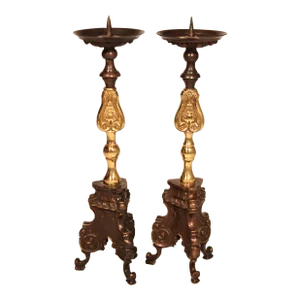 Vintage Art Nouveau / Renaissance Revival Bronze and Brass Pricket Candlesticks