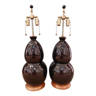 Rare Early Signed Christopher Spitzmiller Double Gourd Ceramic Table Lamps, Dated 2004 – Pair For Sale