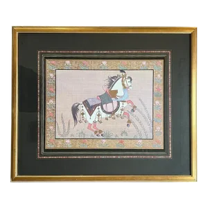 Monumental Framed Hand Painted Indian Gouache Painting of Horse on Silk in Pink - India