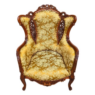 Victorian Rococo Revival Carved Bird Crest Music Room Wingback Armchair For Sale