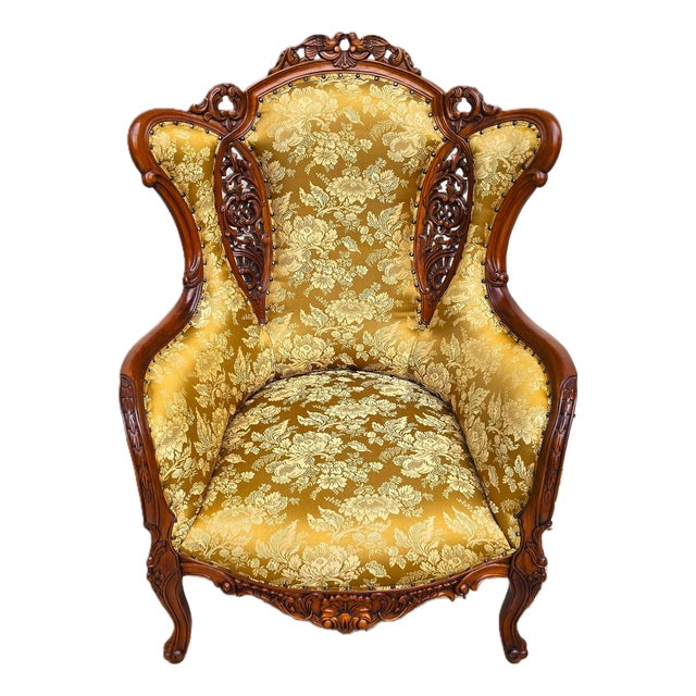 Victorian Rococo Revival Carved Bird Crest Music Room Wingback Armchair For Sale