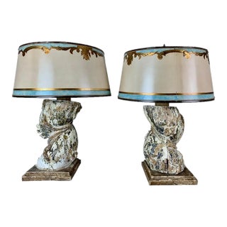Italian Pained Column Lamps With Parchment Shades, Pair For Sale