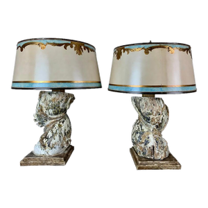 Italian Pained Column Lamps With Parchment Shades, Pair