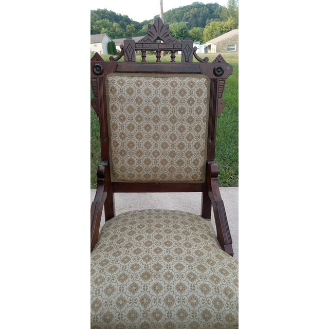 1920s Colonial Era Solid Wood Rocking Chair With Ornate Upholstery For Sale - Image 6 of 12