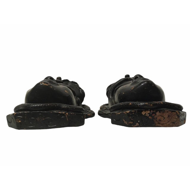 Antique 1920s Art Deco Egyptian Revival Black Clay Wall Hangings - a Pair Mask Wall Pockets For Sale - Image 11 of 13