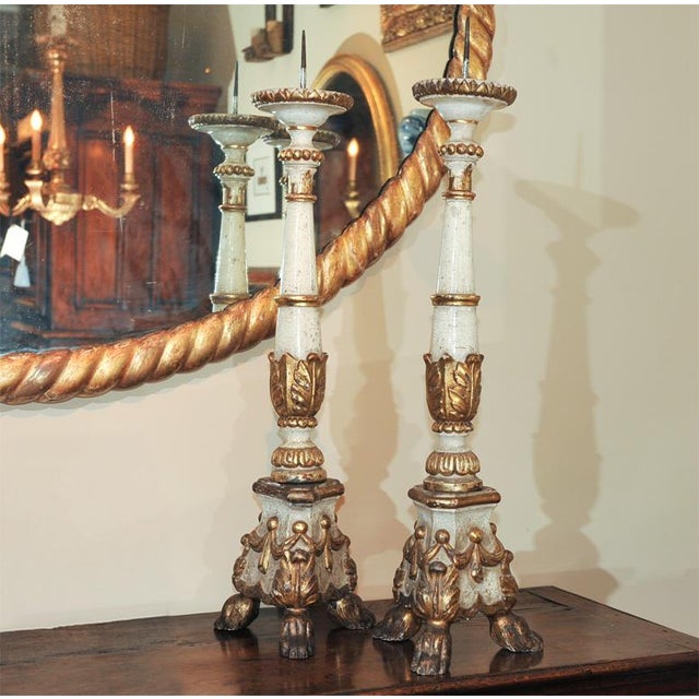 Lovely pair of large scale carved paint and parcel gilt Italian pricket sticks circa 1860.