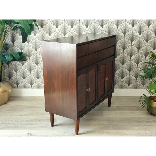 Vintage 1960s Mid-Century Modern Walnut Wood and Woven Rattan Highboy Chest Cabinet by R-Way For Sale - Image 14 of 16