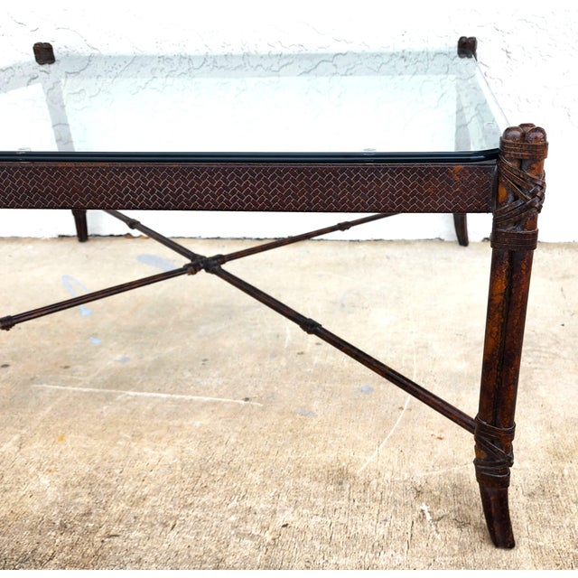 1980s Maitland Smith Style Faux Bamboo Glass & Leather Cocktail Table For Sale - Image 5 of 13