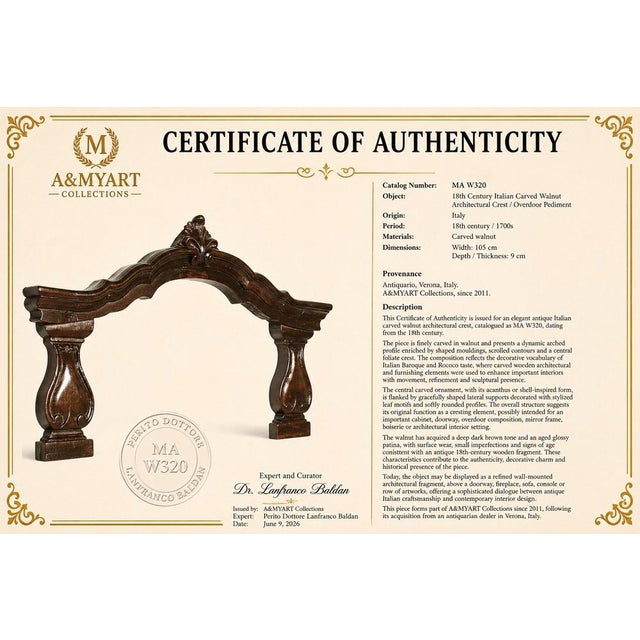 Early 18th Century Antique Italian Architectural Carved Walnut Crest, 18th Century For Sale - Image 5 of 9